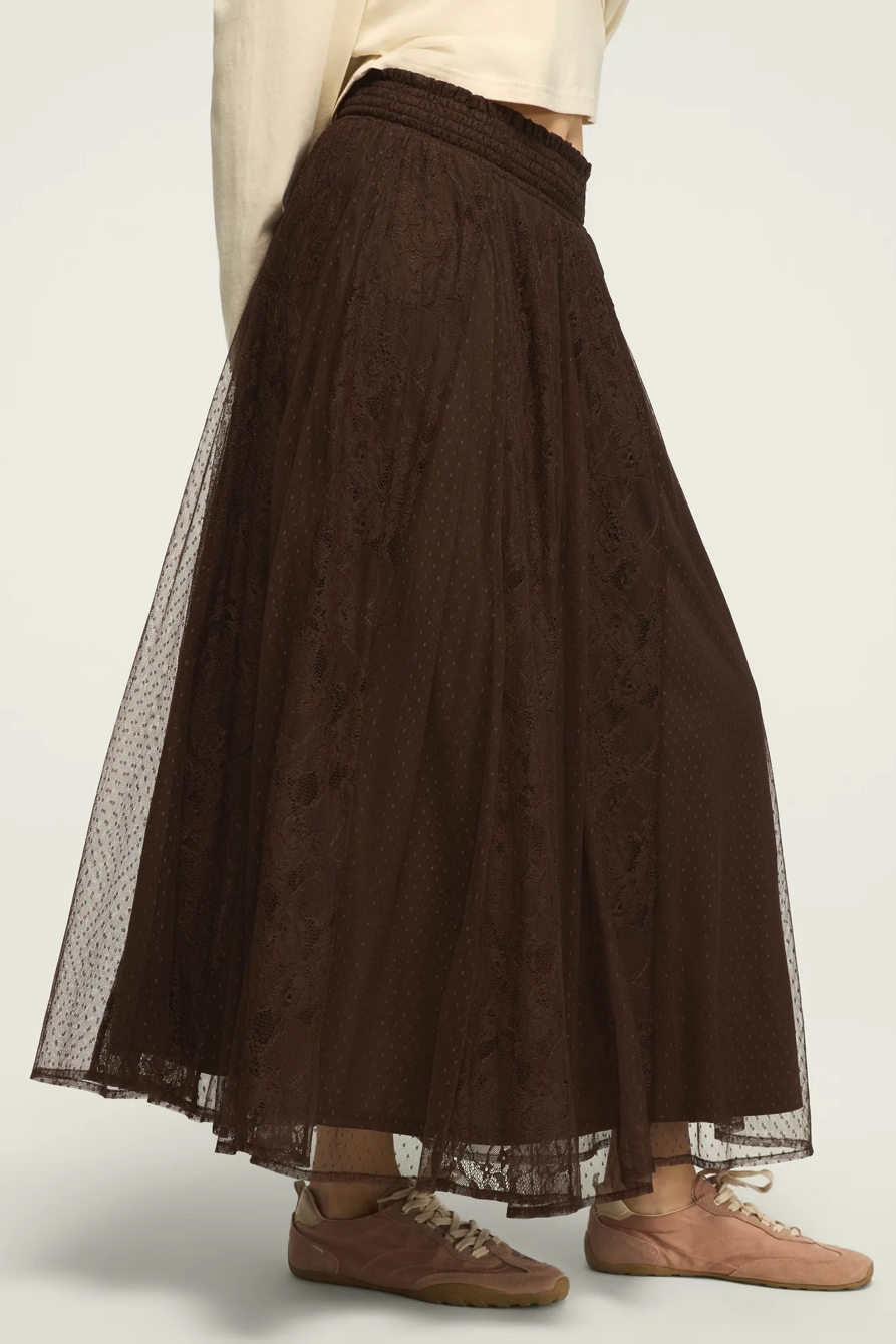 ALLOVER LACE MIDI SKIRT — Chocolate Brown — image 1