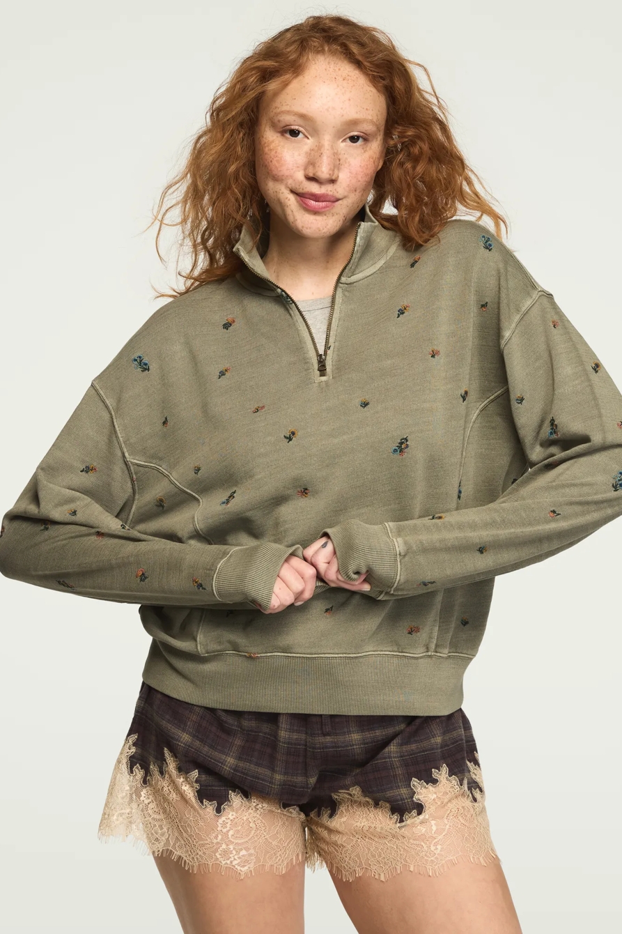 EMBROIDERED QUARTER ZIP PULLOVER — Dusty Olive — image 5