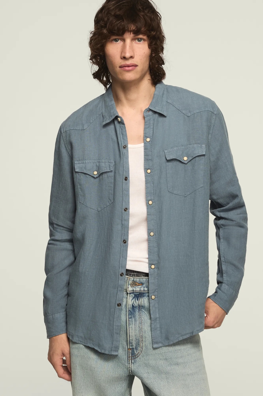 LINEN LONG SLEEVE WESTERN SHIRT — FLINT STONE — image 1
