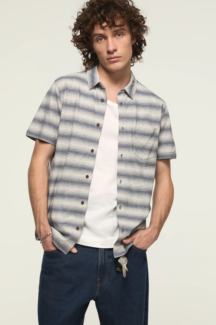 LINEN STRIPED SHORT SLEEVE SHIRT — BLUE MULTI — image 1