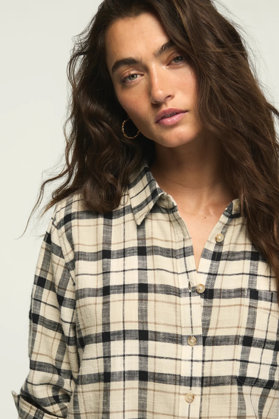 PLAID BUTTON DOWN SHIRT — CREAM PLAID — image 6
