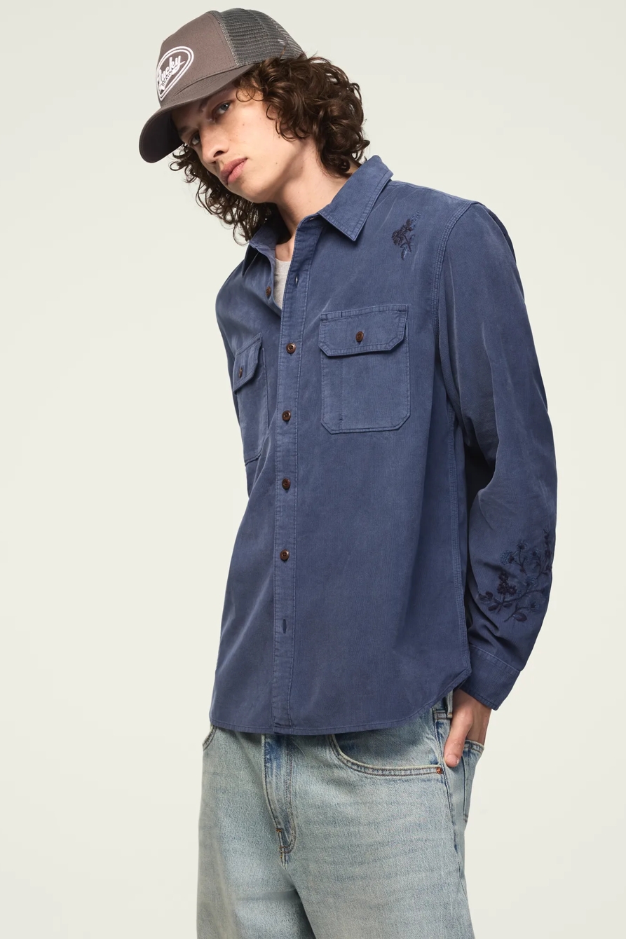 LONG SLEEVE EMBROIDERED CORDUROY WORKSHIRT — INDIGO — image 5