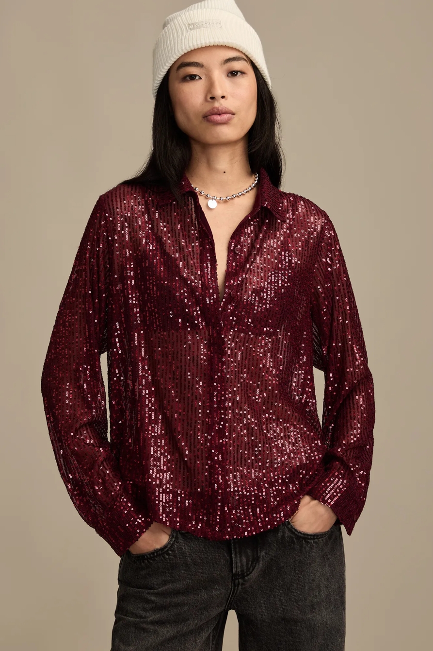 SEQUIN BUTTONDOWN SHIRT — RED WINE — image 2