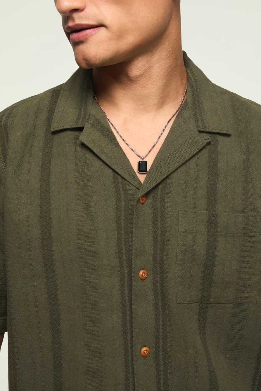 SHORT SLEEVE TEXTURED CAMP COLLAR SHIRT — OLIVE — image 2