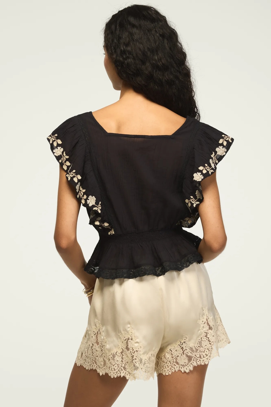 CONTRAST EMBROIDERED RUFFLE TOP — CAVIAR — image 3