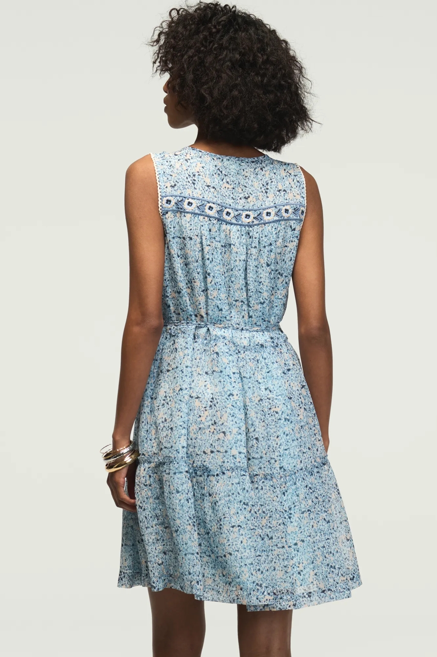 PRINTED EMBROIDERED YOKE MINI DRESS — BLUE FLORAL — image 3
