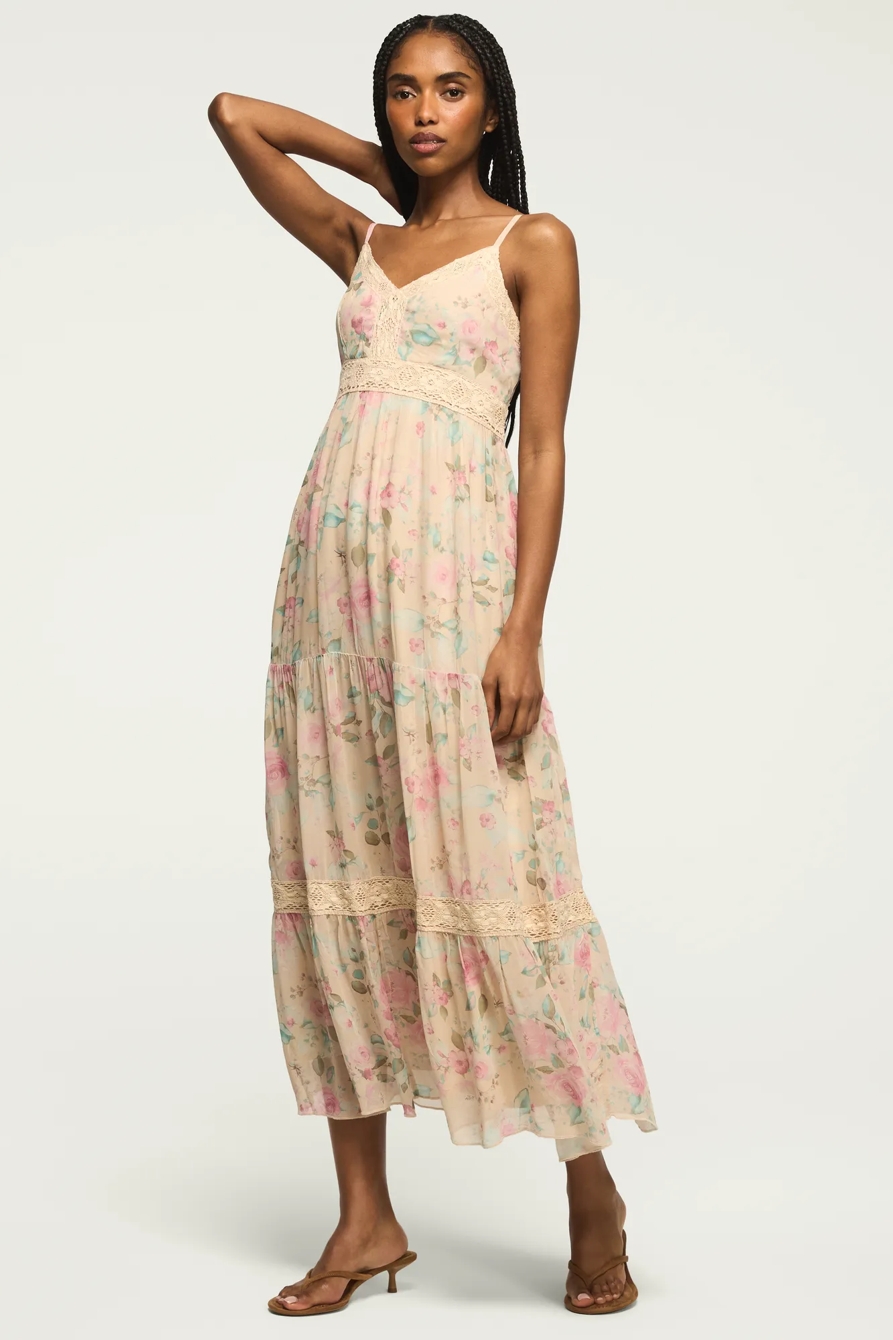 PRINTED LACE TIERED MIDI DRESS — Cream Floral — image 5