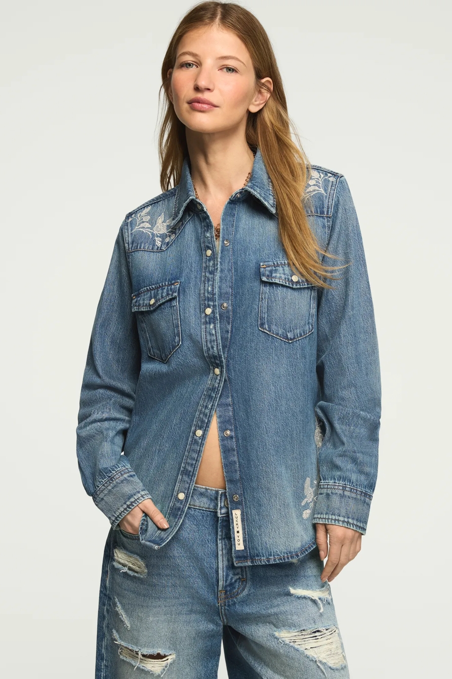 EMBROIDERED DENIM WESTERN SHIRT — SHOCKING SURPRISE WASH — image 1