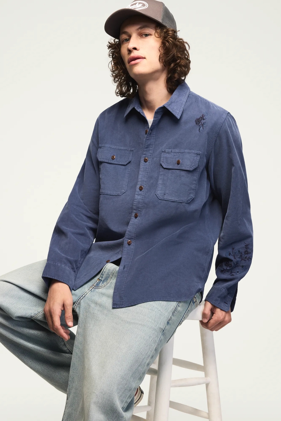 LONG SLEEVE EMBROIDERED CORDUROY WORKSHIRT — INDIGO — image 7