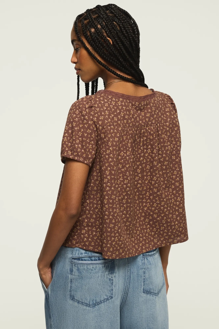 LACE HENLEY PEASANT BLOUSE — Brown Floral — image 3