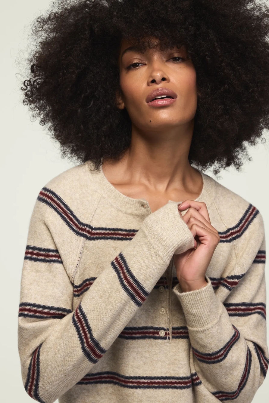 CLOUD SOFT STRIPED HENLEY SWEATER — FADED OATMEAL HTR — image 5