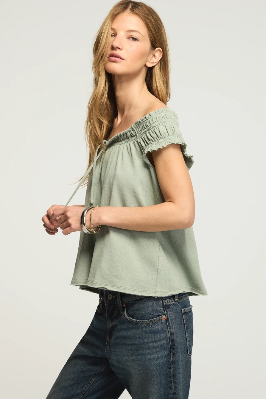SMOCKED TIE FRONT KNIT TOP — CHINOIS GREEN — image 4