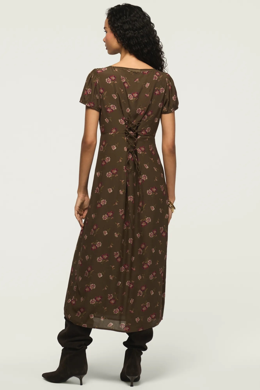 EMBROIDERED SHORT SLEEVE SIMONE MIDI DRESS — OLIVE FLORAL — image 3