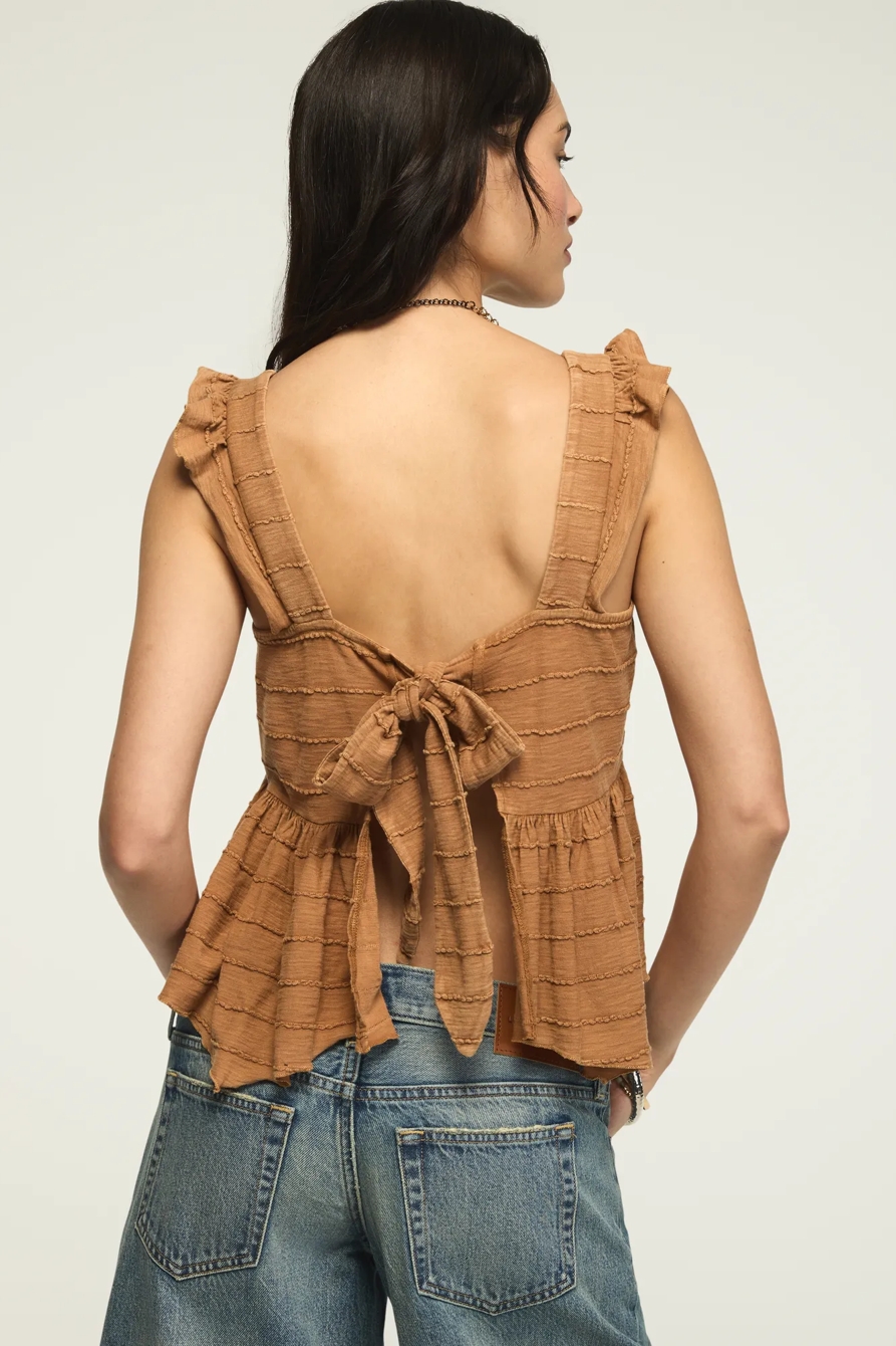 EMBROIDERED FLUTTER PEPLUM TOP — BROWN — image 3