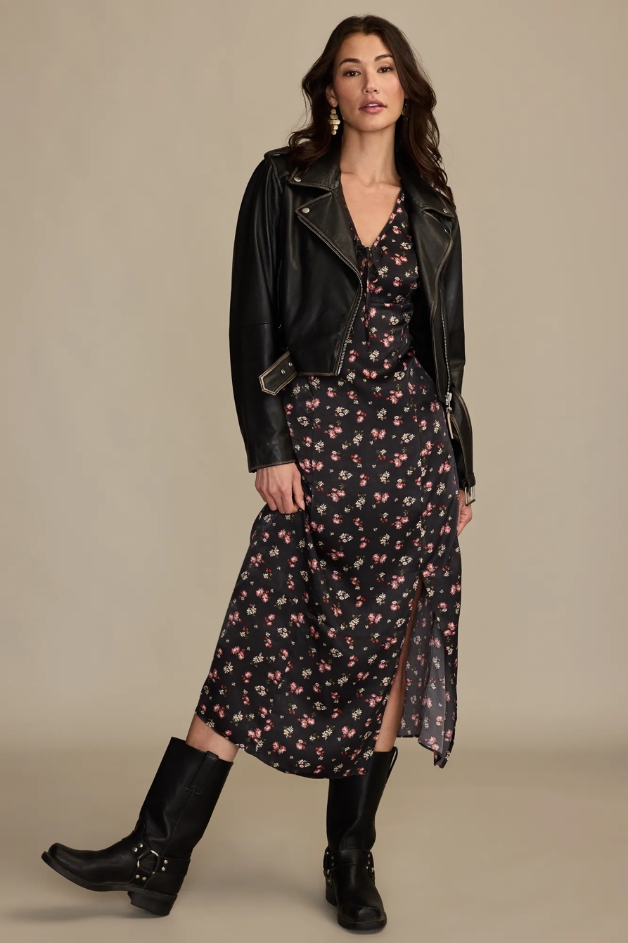 FLUTTER SLEEVE MIDI DRESS — BLACK MULTI — image 5