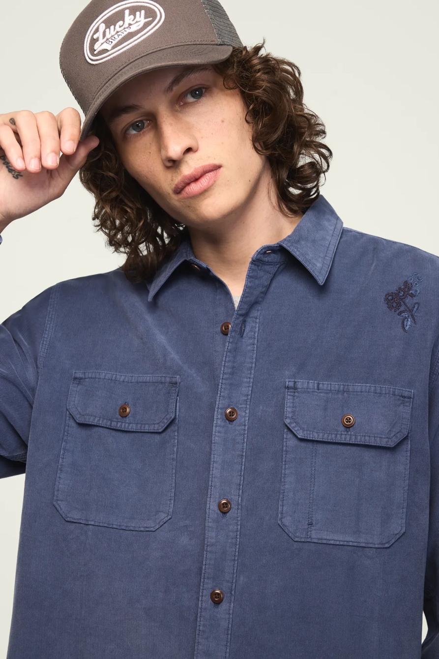 LONG SLEEVE EMBROIDERED CORDUROY WORKSHIRT — INDIGO — image 6