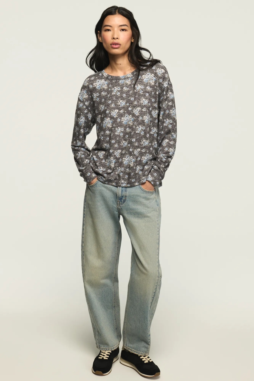 CLOUD LONG SLEEVE CREW NECK TOP — HEATHER GRAY/ BLUE COMBO — image 5