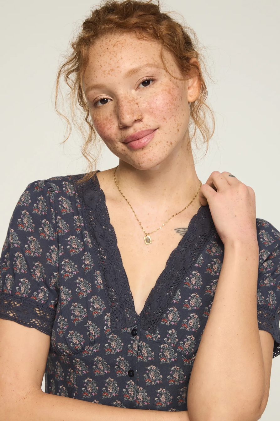 LACE TRIMMED SHORT SLEEVE MINI DRESS — NAVY FLORAL — image 6