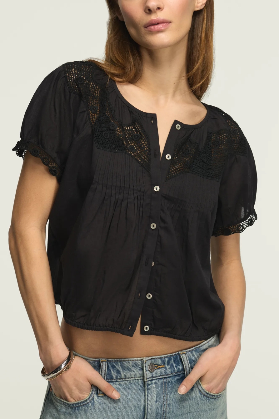 CROCHET PUFF SLEEVE BUTTON UP TOP — CAVIAR — image 5