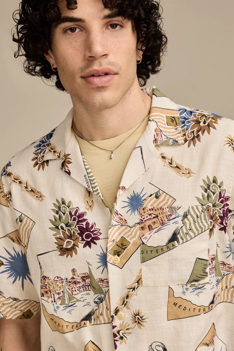 POSTCARD PRINT CAMP COLLAR SHORT SLEEVE SHIRT — CREAM MULTI — image 1