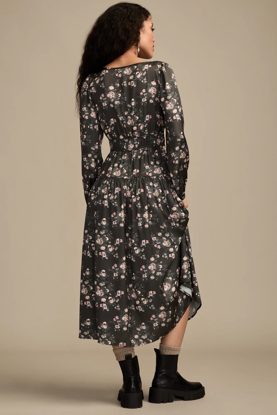 LONG SLEEVE FLORAL MIDI DRESS — WASHED BLACK FLORAL — image 3