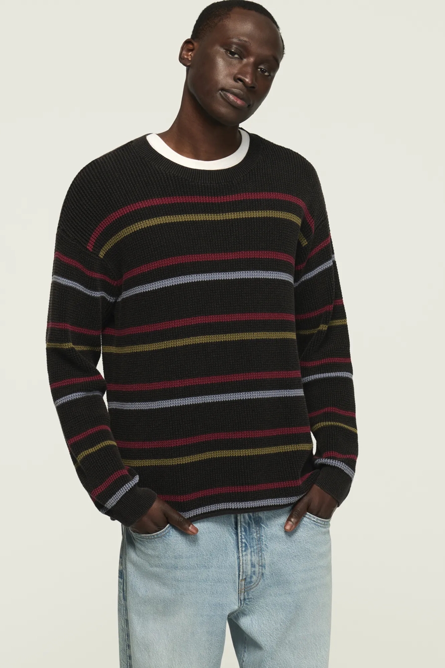 STRIPED WASHED TEXTURED CREW NECK SWEATER — CAVIAR — image 2