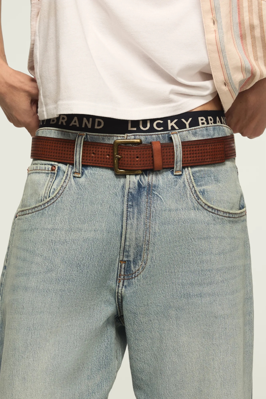 DIAMOND DEBOSSED LEATHER BELT — TAN — image 3
