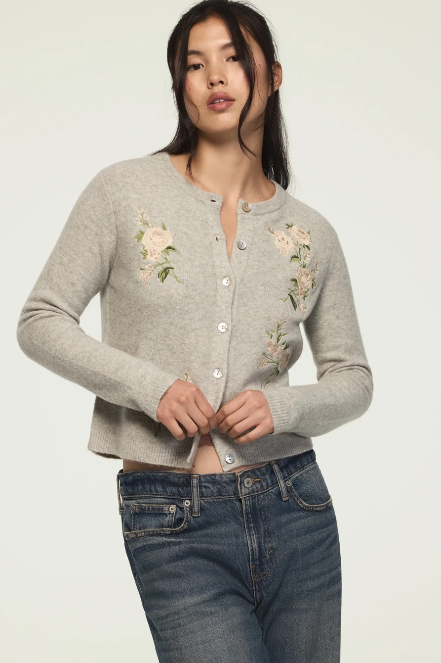 FLORAL EMBROIDERED HEATHERED CARDIGAN — LIGHT HEATHER GRAY — image 1
