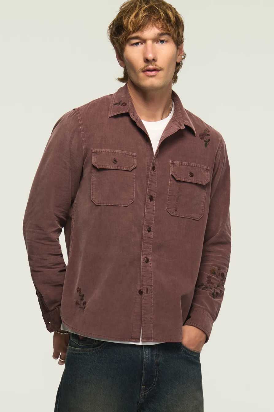 LONG SLEEVE EMBROIDERED CORDUROY WORKSHIRT — PEPPERCORN — image 1