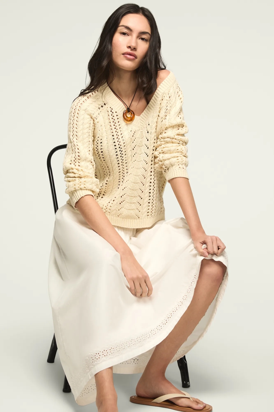 OPEN CABLE V NECK SWEATER — LEMON ICING — image 5