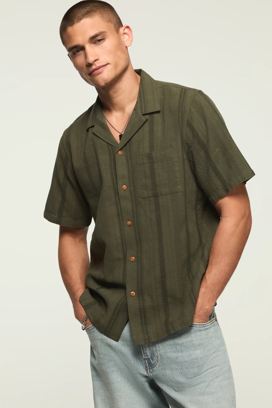 SHORT SLEEVE TEXTURED CAMP COLLAR SHIRT — OLIVE — image 1