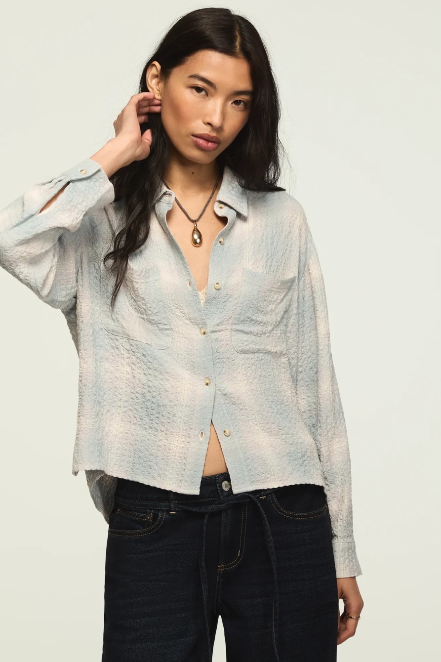 CROPPED PLAID DRAPEY SHIRT — BLUE PLAID — image 1