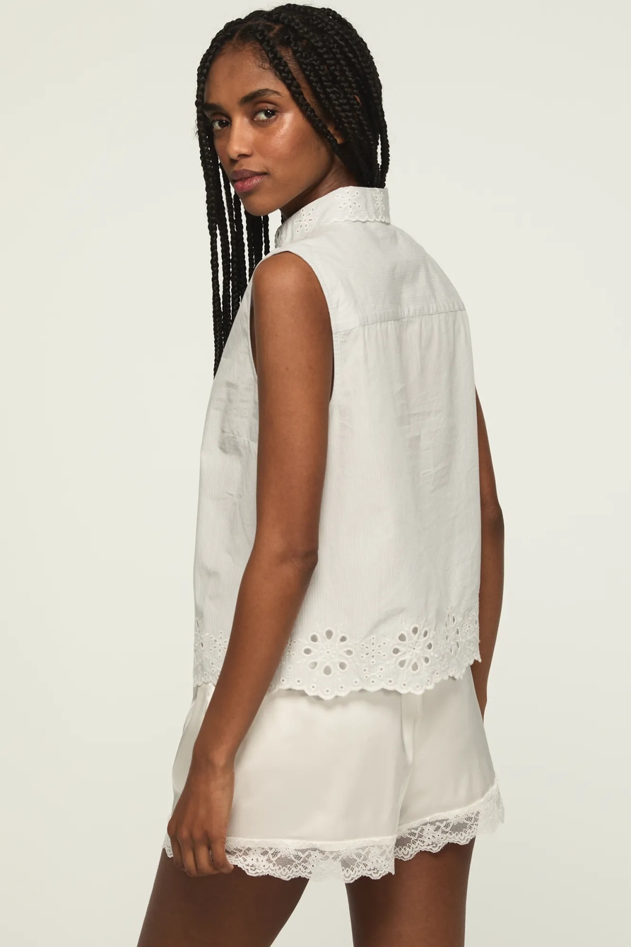 SLEEVELESS EYELET BUTTONDOWN — #1643 LIGHT SEASHELL — image 3