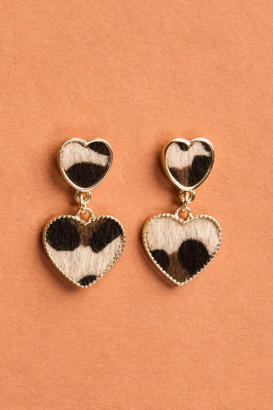 LEOPARD INLAY HEART DROP EARRINGS — GOLD — image 2