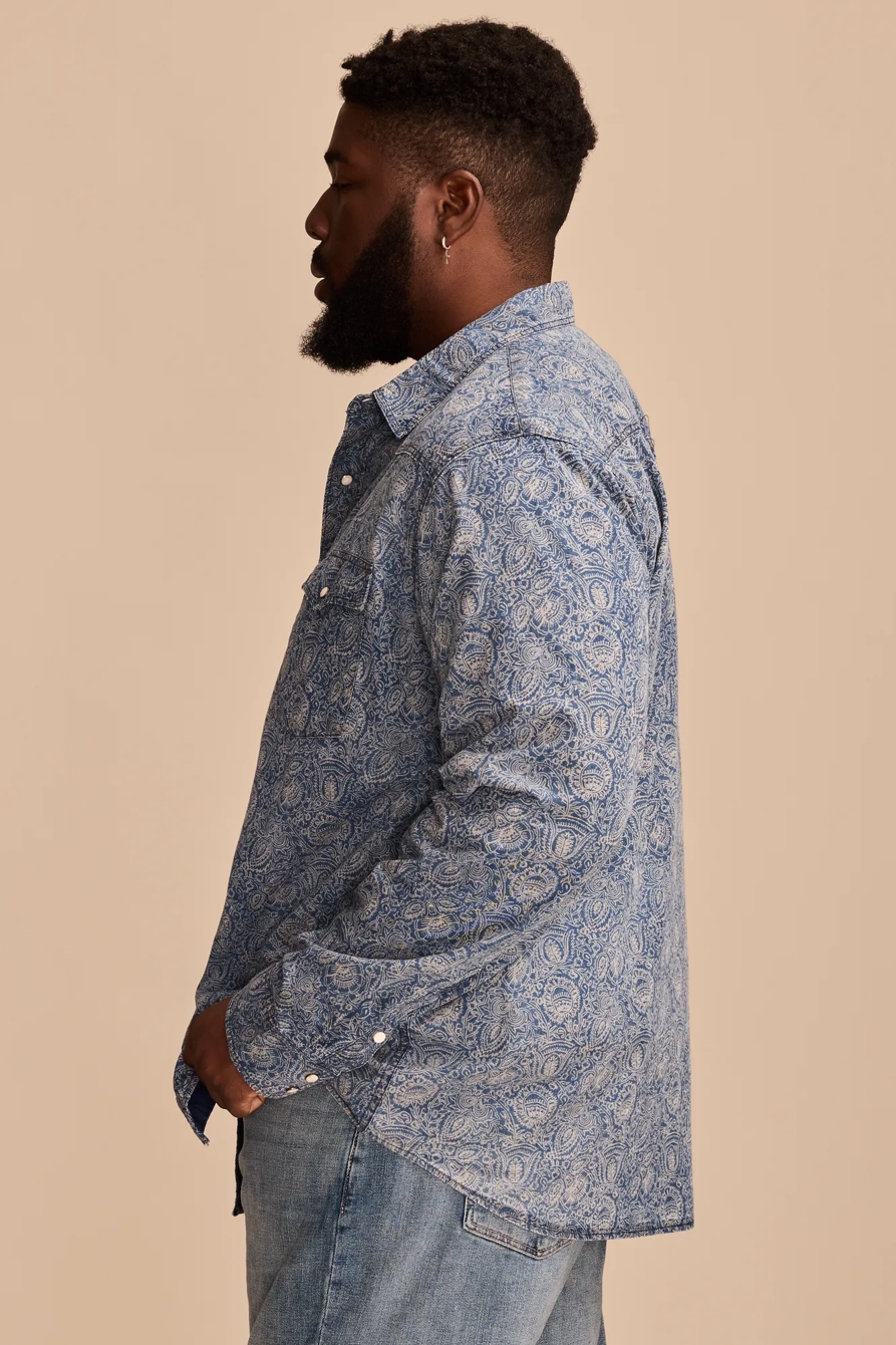 BIG & TALL PRINTED INDIGO WESTERN LONG SLEEVE SHIRT — INDIGO PRINT — image 3