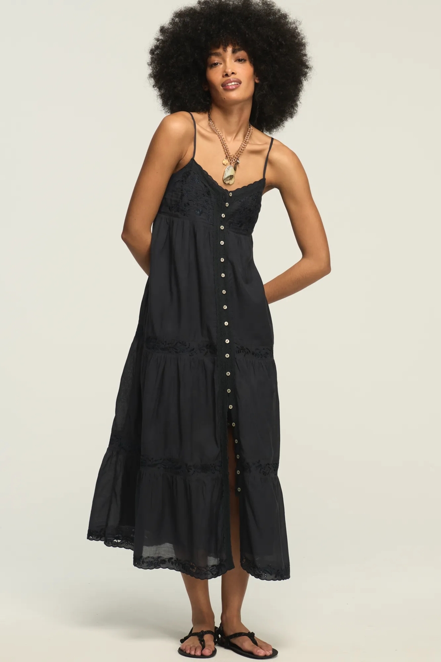 EMBROIDERED TIERED BUTTON THROUGH MIDI DRESS — INDIA INK — image 1