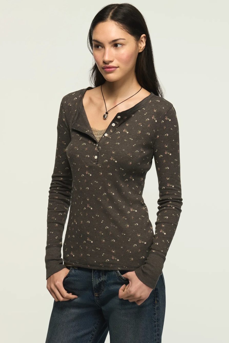 Long Sleeve Ribbed Henley — Black Floral — image 4