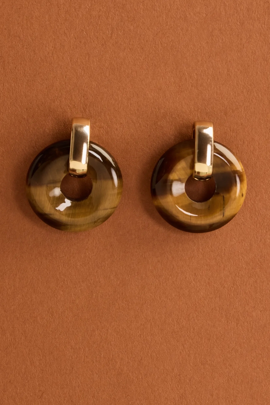 TIGERS EYE CIRCLE STUD EARRINGS — GOLD — image 2