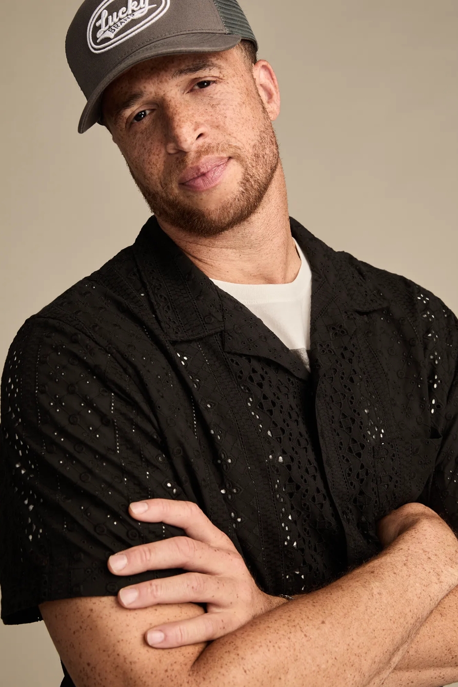 BIG & TALL SHORT SLEEVE EYELET CAMP COLLAR SHIRT — RAVEN — image 2