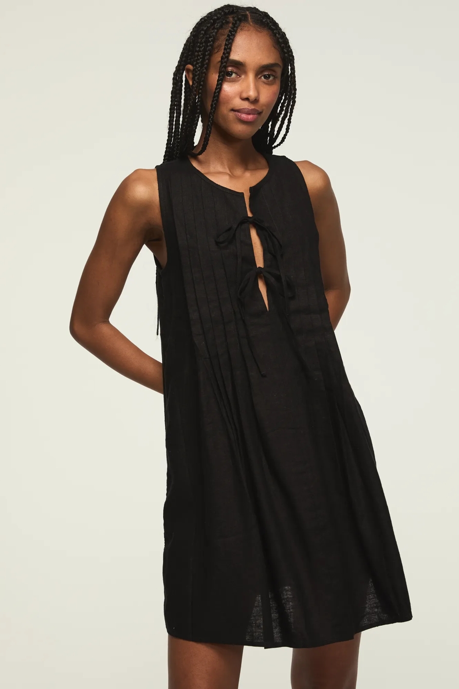 PLEATED TIE NECK MINI DRESS — CAVIAR — image 1