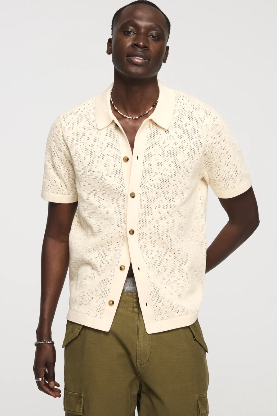 INTARSIA LACE BUTTON DOWN SWEATER — WHITECAP GRAY — image 1