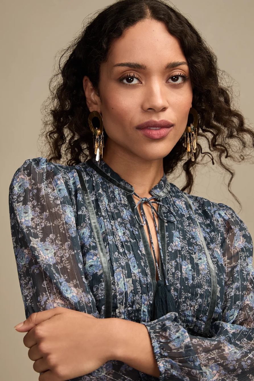 FLORAL LONG SLEEVE MIDI DRESS — BLUE FLORAL — image 5