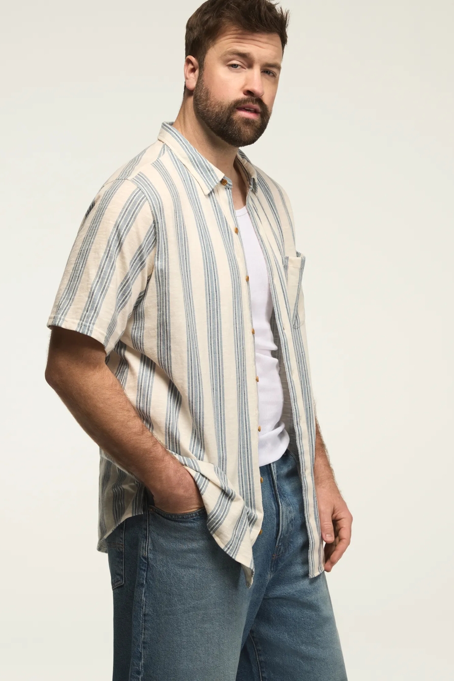 BIG AND TALL LINEN SHORT SLEEVE OMBRE STRIPE SHIRT — BLUE MULTI — image 4