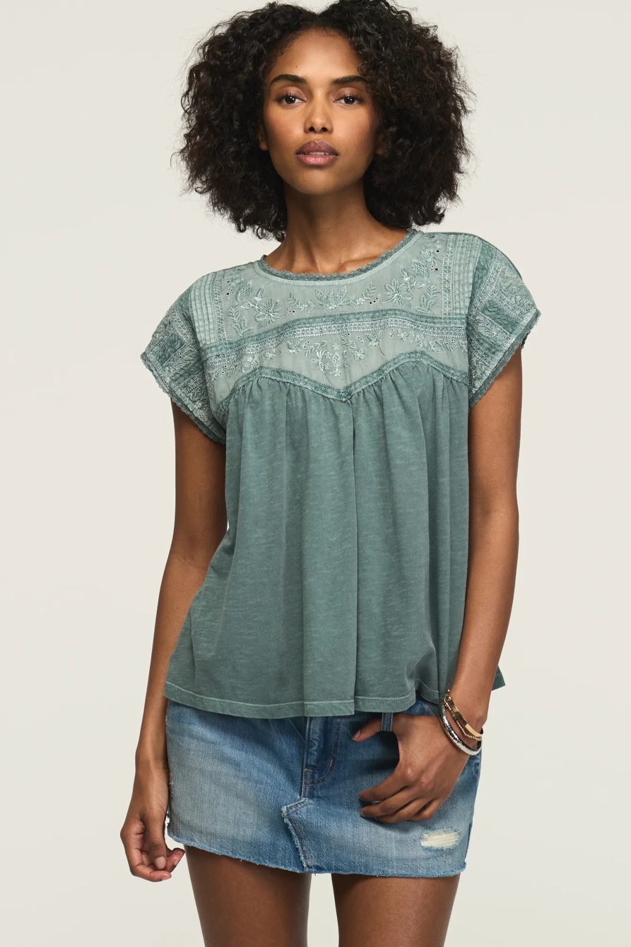 EMBROIDERED DOLMAN YOKE TOP — CAMEO BLUE — image 1