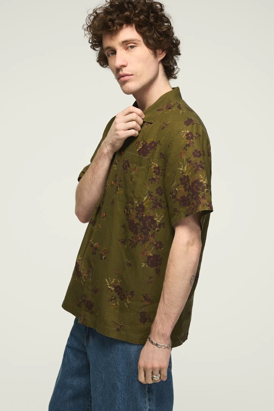 PRINTED SHORT SLEEVE CAMP COLLAR SHIRT — OLIVE PRINT — image 4