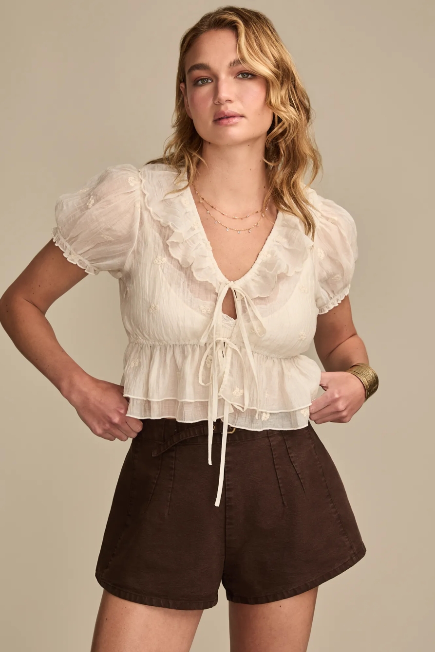 RUFFLE TIE FRONT BLOUSE — WHISPER WHITE — image 3