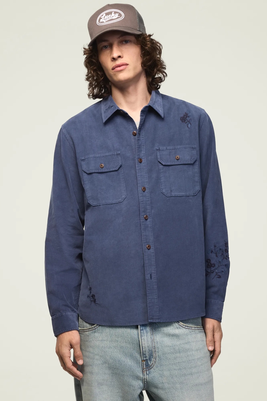 LONG SLEEVE EMBROIDERED CORDUROY WORKSHIRT — INDIGO — image 1