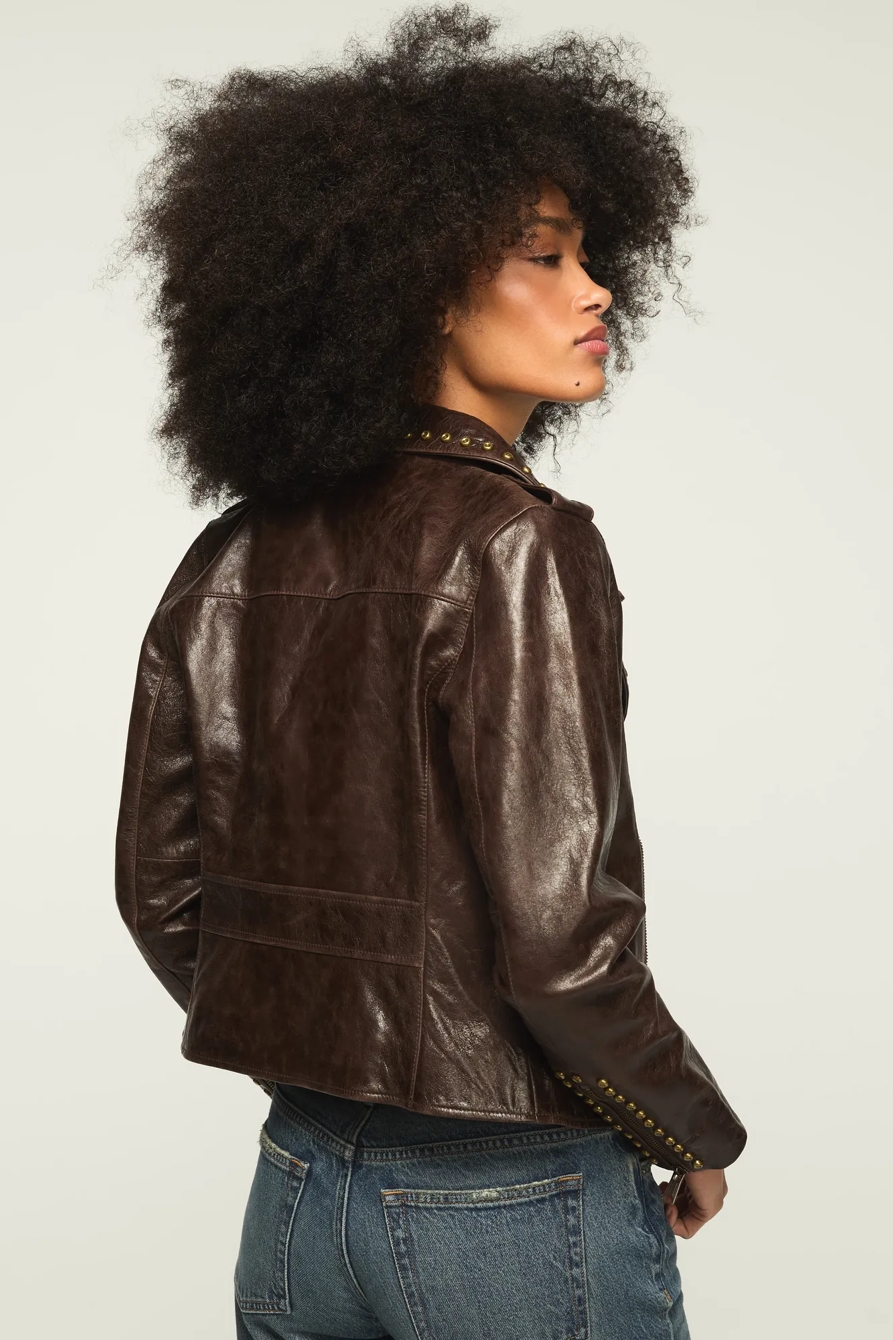 STUDDED MOTO LEATHER JACKET — CHICORY COFFEE — image 3