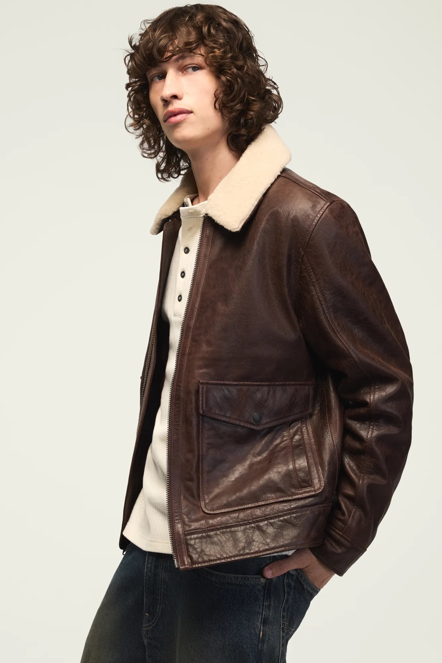 LEATHER AVIATOR JACKET — BROWN — image 4