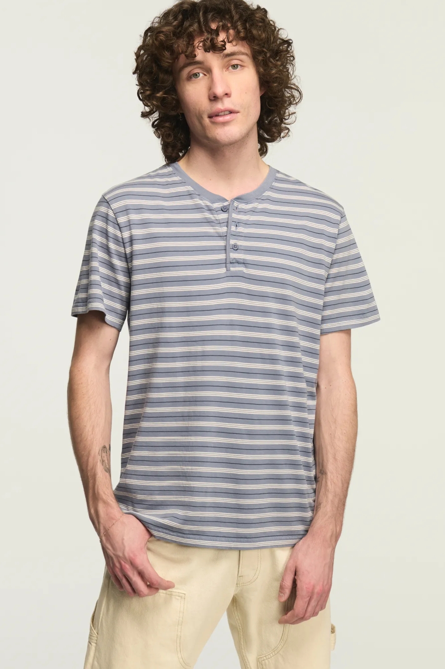 STRIPE SUPIMA SHORT SLEEVE HENLEY — BLUE MULTI — image 1